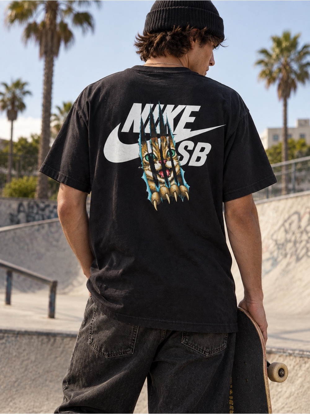 NIKE SB Cat Scratch T-Shirt Men’s Medium Loose Fit Black Graphic DB9975-010